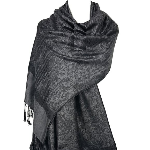 Women Paisley Pashmina Scarf Shawl Wrap Reversible Bohemian Scarves Black & Gray - Picture 1 of 7